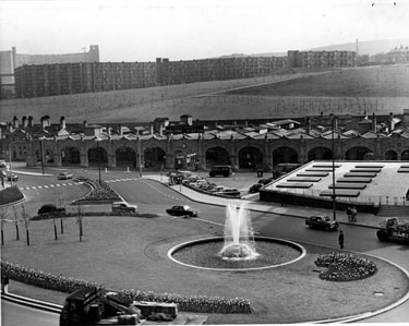 Elevated view of Sheaf Square, Sheffield Midland railway station and car park with Park Hill Flats in the background