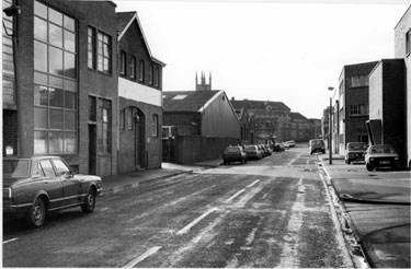 No. 154, Biggins Bros. Ltd., electro platers (right) and Sheaf Plate Works (left), Arundel Street looking towards Joseph Elliot and Sons Ltd, Granville Works, Sylvester Street