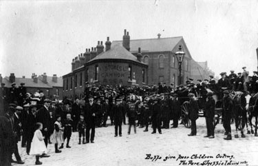 Buffalos outing for poor children of Park area, photographed from Cricket Inn Road. Aston Street, left. St. John's School, Cricket Inn Road, behind lamppost