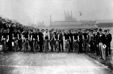 Start of the 1897, 10 mile Scratch Race, Sharrow Cycling Club, Bramall Lane