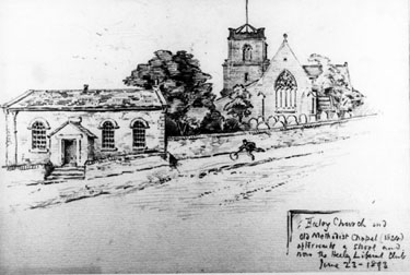 Gleadless Road showing the Wesleyan Methodist Chapel, built 1826. Christ Church in background. Chapel used as a private day school (known as 'Ladies School'), during 1880s and 1890s on weekdays.