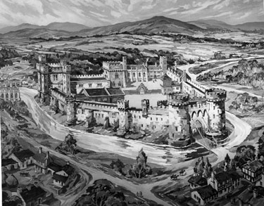 Black and white reproduction of oil painting by Kenneth Steel of Sheffield Castle as imagined from historical records