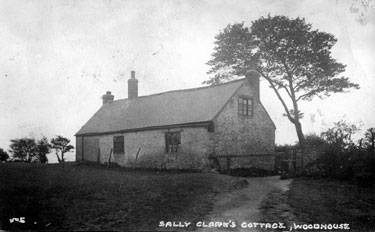 Sally Clark's Cottage, end of Garden Walk, Woodhouse, overlooking the Shirebrook Valley. Sally Clark was believed to be a witch. Also known as the White House, Windy House and Gaping Hill Cottage