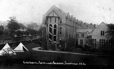 No.1 Building, 3rd Northern General Hospital, Broomhall, World War I. Later occupied by Sheffield Training College for Teachers, Collegiate Hall. Broomgrove Road, left
