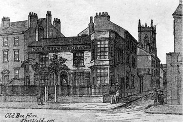 Beehive Hotel, No 240, West Street. Portland Lane, right. St. George's Church in background. The railings were there 1870-1880.