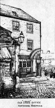 Iris Office, No. 12 Hartshead, from entrance to Aldine Court, (later became Montgomery Tavern)