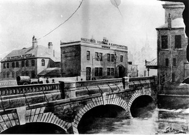 Blonk Street and Blonk Bridge, Sheffield Testing Works Ltd. on left, Alexandra Theatre, right