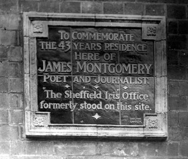 James Montgomery Plaque, showing the site of the Iris printing office, Sheffield Telegraph Offices, Hartshead