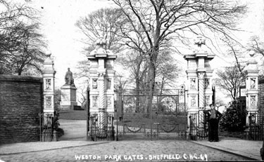 Godfrey Sykes' Gates at entrance to Weston Park from Western Bank. Ebenezer Elliott Statue in background