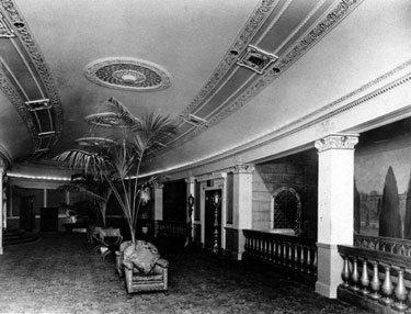 The lounge (note painted Italian Gardens), The Regent Cinema, Barker's Pool, later became Gaumont. Designed by W.E. Trent. Opened 26th December, 1927. Became the Gaumont in 1946 and was twinned by Rank in 1969 and tripled in 1979. Closed 7th November