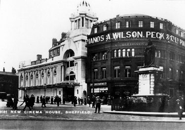 Cinema House, Fargate, later became Barker's Pool, Nos. 66, 68 and 70 Leopold Street, A. Wilson Peck and Co. Ltd., Music Warehouse, right, Queen Victoria Monument in foreground