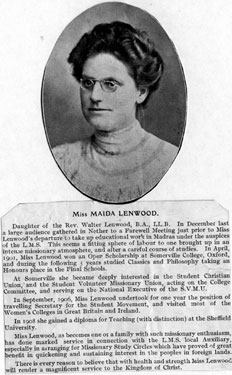 Miss. Maida Lenwood (1881 - 1939), missionary to Madras and graduate of Oxford and Sheffield Universities.