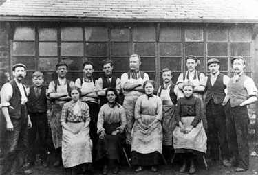 Greaves family and workers outside their file cutting shop at the back of No.192 Grammar Street, Walkley
