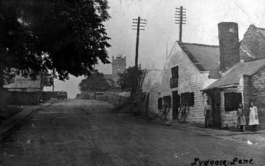 John Bly's blacksmith shop, Lydgate Lane (at junction with Tapton Hill Road), Mount Zion (later renamed Wesley Tower), in background