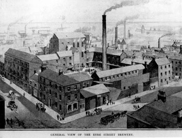 Truswell's Brewery Co. Ltd., Eyre Street Brewery, junction of Eyre Street, left, and Howard Street. No 20, Eyre Street, Dewsnap and Co. Ltd., cabinet case manufacturers, Howard Case Works, on corner in foreground
