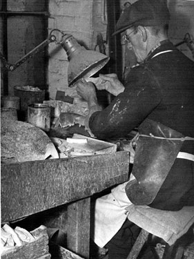 Cutlery manufacture, splitting mother-of-pearl from shells to be used for handles at William Gillott and Sons, pearl cutters, Pearl Works, Nos.17 - 21 Eyre Lane