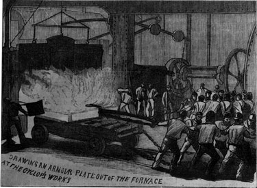 Steel Industry, Drawing an Armour plate out of a furnace, Charles Cammell and Co. Ltd., Cyclops Works, Savile Street