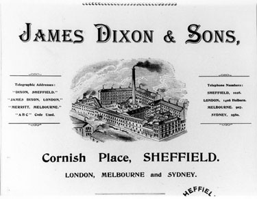 Woodcut Print Advertisement for James Dixon and Sons, Cornish Place, Cornish Street, Shalesmoor