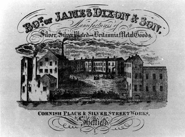 Woodcut Print Advertisement for James Dixon and Sons, Cornish Place, Cornish Street and Silver Street Works, Silver, Silver Plated and Britannia Metal Goods