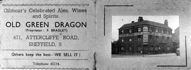 Trade card for the Old Green Dragon public house (also called the Green Dragon), No. 471 Attercliffe Road, Proprietor F. Bradley