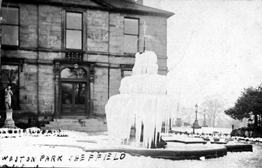 Frozen fountain, Weston Park Museum in background