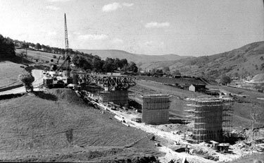 Construction of Ladybower Reservoir, Ladybower Viaduct under construction