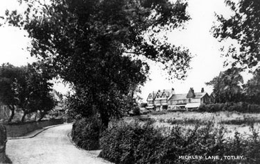 Mickley Lane, Totley, with a view of the buildings on Baslow Road including Greenoak House (the former Greenoak Inn)