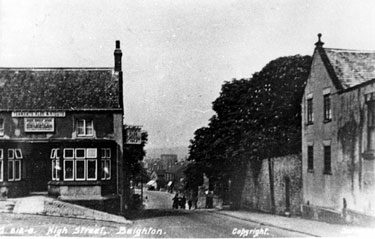 High Street, Beighton. No. 35 Cumberland's Head public house on left. 'The Beeches' (later became Beighton Library) on right