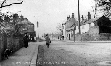 Manchester Road at junction with Sandygate Road, showing (right) Crosspool Tavern, Henry Bradbury, grocer and sub-postmaster, Nos. 2 - 6 Sandygate Road, left