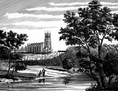 Christ Church, Attercliffe Road from the River Don by Walter Revill. Described in early directories as standing near the bold cliff which overhangs the Don 	