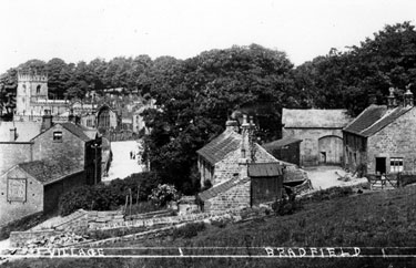 St. Nicholas' Church, Towngate and High Lee Farm (right) with the Old Horns Inn on left, High Bradfield