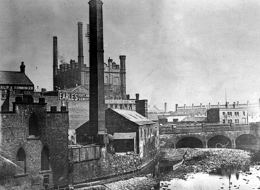 River Don from Lady's Bridge, No 2, Wicker, Wicker Tilt also known as Huntsman's Forge, occupied by Benjamin Huntsman, Tilter, and Wards, Blonk and Co., foreground, left. Blonk Street Bridge in near distance, Tower Grinding Wheel in background