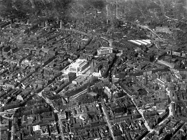 Aerial view - City Centre, including Town Hall and St. Paul's Church, Pinstone Street, City Hall (under construction), Barker's Pool, Central Telephone Exchange, West Street and Leopold Street, note construction of Central Library, Surrey Street