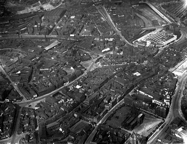 Aerial view - City Centre towards Wicker, including Cathedral, Church Street and High Street, bottom right, Campo Lane, West Bar, Snig Hill, centre, Wicker, River Don and Wicker Arches in background