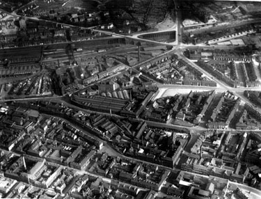 Aerial view - City Centre including Midland Station, top left, Shoreham Street (including City Saw Mills) and Leadmill Road (including Central Tram Depot), centre, St. Mary's Road, right, Furnival Street, Matilda Street and Sydney Street in f
