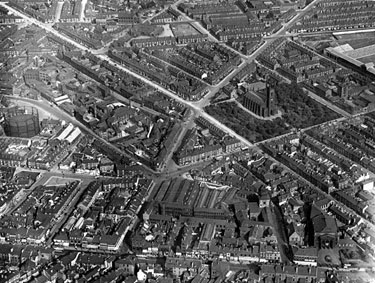 Aerial view - City Centre and St. Mary's including St. Mary's Road to left of St. Mary's Church, Britannia Brewery, Clough Road, right of church, Bramall Lane, front of church, Brunswick Chapel and The Moor in foreground and Vulcan Works behi
