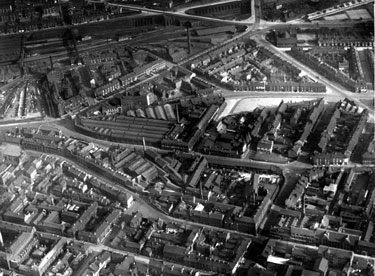 Aerial view - City Centre including Arundel Street and Paternoster Row through to Sidney Street (crossed with Furnival Street and Matilda Street) in foreground, Shoreham Street (including City Saw Mills) centre, Leadmill Road and Suffolk 