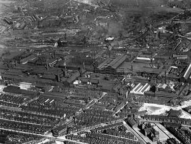 Aerial view - Atlas and Norfolk Works (centre), roads including Sutherland Road, Harleston Road, Maxwell Street and Ellesmere Road School (bottom right)