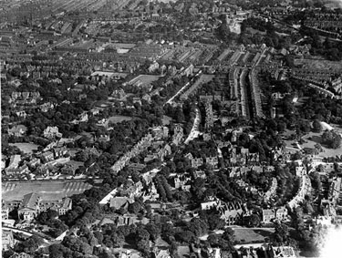 Aerial view - Broomhill towards Sharrow including (left-right) King Edward VII School, Newbould Lane leading to Clarkegrove Rd, Sheffield Girls High School and Rutland Park, foreground, Clarkehouse Road, centre, Sharrow and General Cemetery in distan