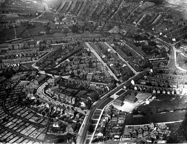 Aerial view -Woodseats including Linden Avenue leading to Camping Lane, Abbey Lane and Abbey Lane School, foreground, Chesterfield Road in background