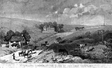 Artists impression of Attercliffe Common at the close of the 18th Century, near Greenland Engine Road (now Broughton Lane), buildings shown are the Arrow Inn, now pulled down, the Pheasant Inn and Carbrook Hall and gibbet post of Spence Broughton