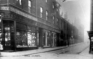 Bank Street from Angel Street, F.C. Webb, hosier, glover and shirt maker, No. 29 Angel Street and No. 1 Bank Street, Jay's Furnishing Stores, Nos. 3 and 5