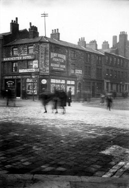 Corner of Division Street and Holly Street from Barkers Pool, Manchester Hotel, Nos 4-6 Division Street