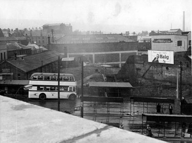 Bus shelters, Coulston Street looking towards Spring Street, Civic Restaurants Dept. Office and Stores, left, A.T. Bescoby and Sons Ltd., Paper Bag Manufacturers, rear