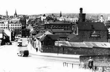 Broad Street from Snow Hill looking towards the City Centre, including J.H. Mudford and Sons, rope and twine manufacturers and Cricket Inn Road, right, note the hydraulic power tower of City Goods Station behind the chimney and Wharf Street Goods Dep