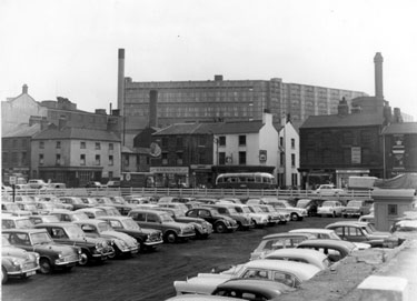 Car park and shops, Broad Street, Park Hill Flats in background, buildings include (left-right), No 34, Industry Inn, No 32, William Henry Benson and No 28, Plough Inn