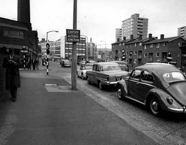 Brook Hill looking towards Gell Street (left, Bolsover Street (in background right), showing Netherthorpe Flats (right) and Jessop Hospital Laundry
