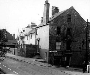 Campo Lane at junction with Paradise Street, buildings front to Paradise Square (Nos 1-15 Paradise Square), No 1, Paradise Square (on corner) G.H. Bray and Co, Rent Collectors