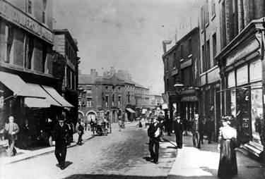 Castle Street looking towards Haymarket into Exchange Street and Royal Hotel. Premises on right include Nos. 12 - 14 George Chappell, boot manufacturer. No.1, Imperial Family and Commercial Hotel, left
