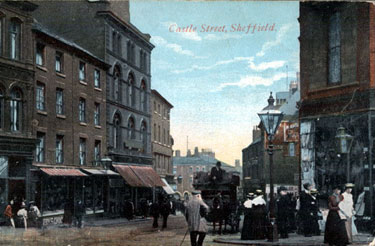 Castle Street, (left side), Nos. 5 and 7, William Hy. Naylor, confectioner, Nos. 13 -15 Waverley Temperance Hotel with G. H. Hovey, drapers, corner of Angel Street / Castle Street (extreme right)